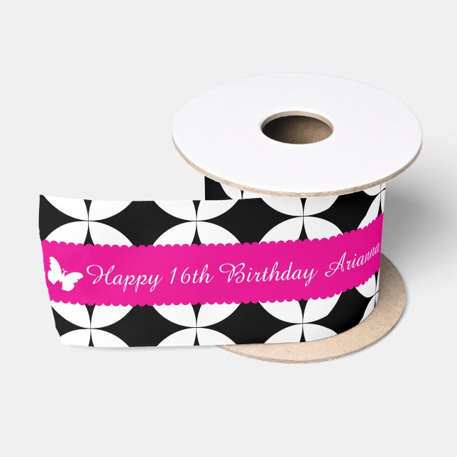 Ruban En Satin 16e anniversaire nom rose blanc papillon ruban (Bobine)