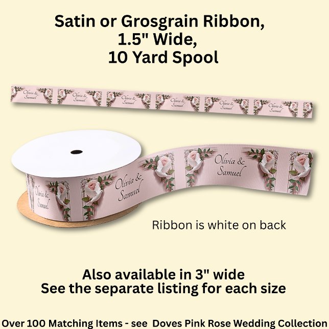 Ruban En Satin Add Names, 1.5" Pink Roses & Doves Wedding (Créateur téléchargé)