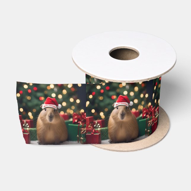 Ruban En Satin Adorable Noël Capybara, (Bobine)