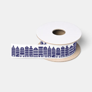 Ruban En Satin Amsterdam Canal Row Maisons Cobalt Blue Motif