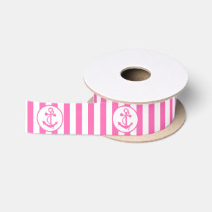 Ruban En Satin Ancre nautique rose chaud avec bandes