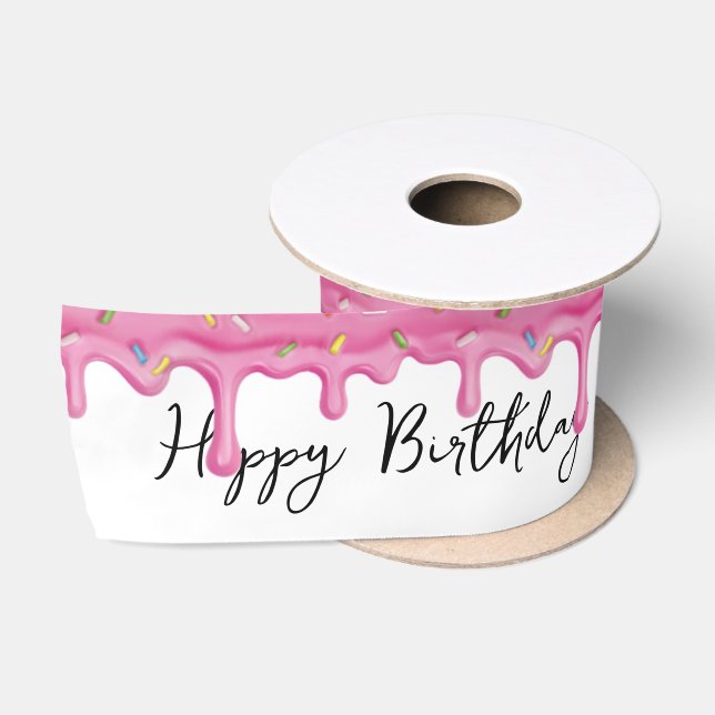 Ruban En Satin Anniversaire Déchirant Rosé Glacé Avec Des Saupoud (Bobine)