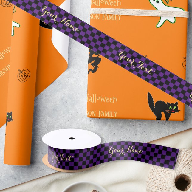 Ruban En Satin Anniversaire Halloween violet noir À damiers Motif (Birthday Halloween Purple Black Checkered Pattern Satin Ribbon)