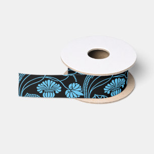 Ruban En Satin Antique motif floral noir sur bleu