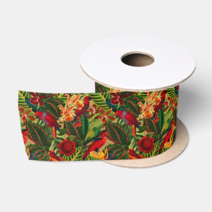 Ruban En Satin Antique Tropical Parrots Jungle Motif