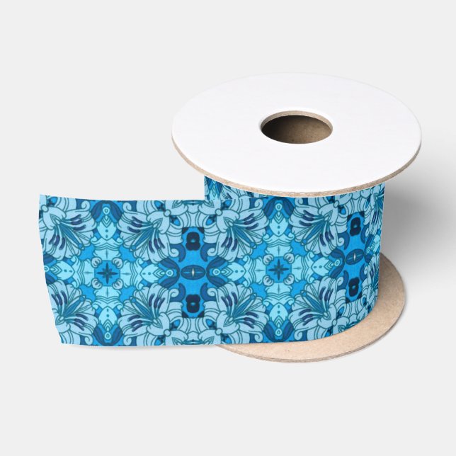 Ruban En Satin Aquarelle Abstraite Floral Denim Blue (Bobine)