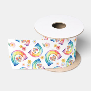 Ruban En Satin Aquarelle Arc-en-ciel Floral Coeur Satin Ruban