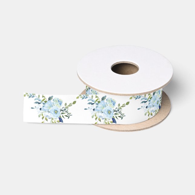 Ruban En Satin Aquarelle bleu blanc brillant Motif floral (Bobine)