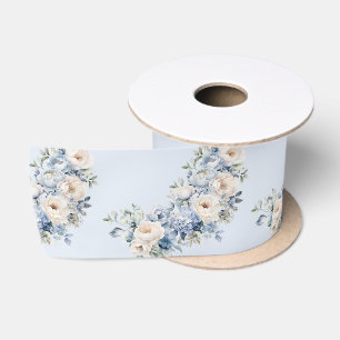 Ruban En Satin Aquarelle bleu Dusty Fleurs d'ivoire Feuille Rusti