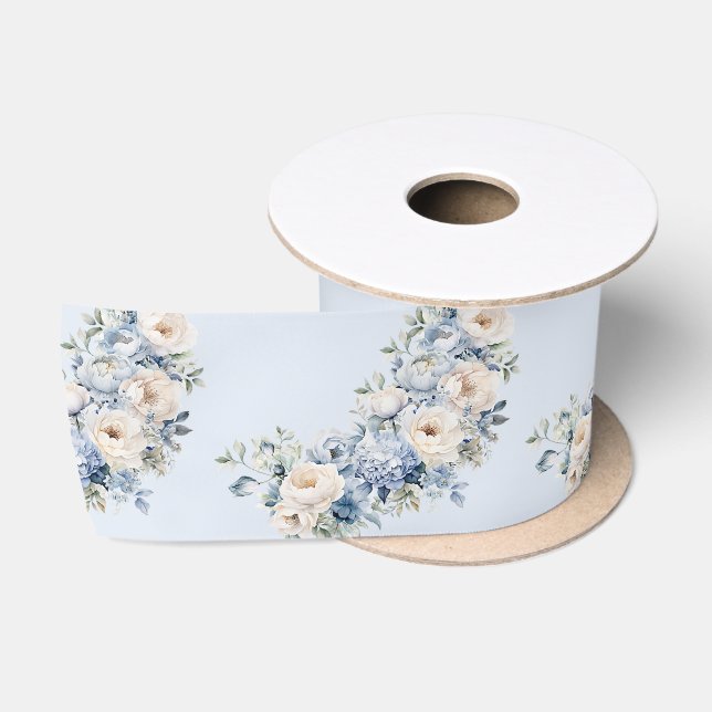 Ruban En Satin Aquarelle bleu Dusty Fleurs d'ivoire Feuille Rusti (Bobine)