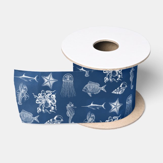 Ruban En Satin Aquarelle bleu marine Océan Animaux marins (Bobine)