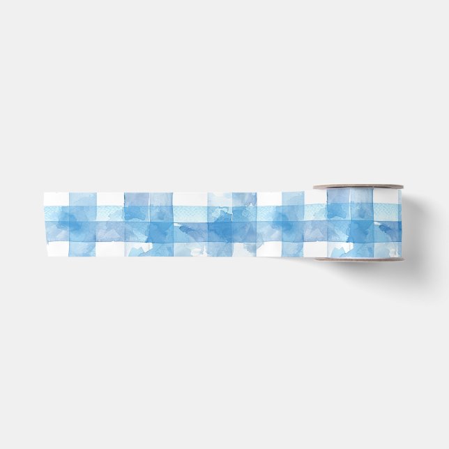 Ruban En Satin Aquarelle bleue En vichy (Devant)
