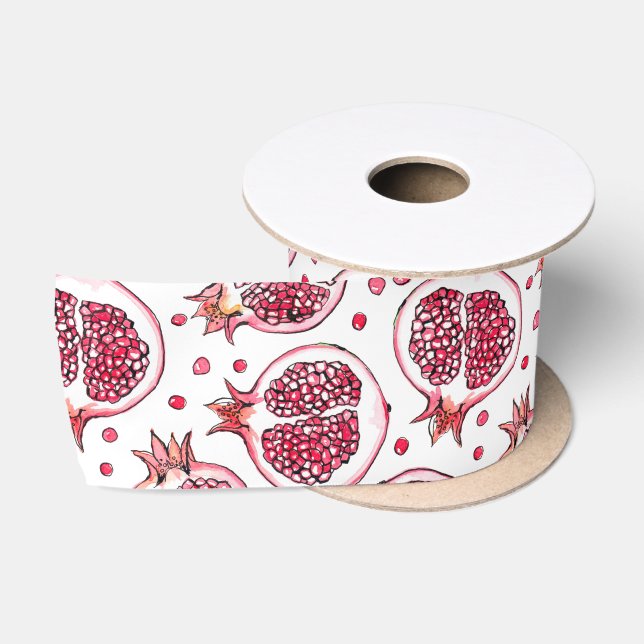 Ruban En Satin Aquarelle de grenade et motif d'encre (Bobine)