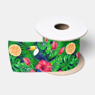 Ruban En Satin Aquarelle de jardin toucan et tropical
