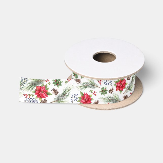Ruban En Satin Aquarelle de Noël Poinsettia Floral (Bobine)