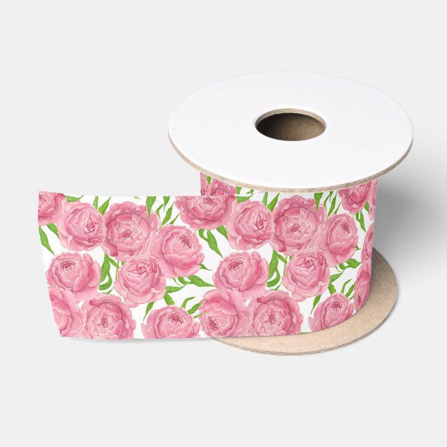 Ruban En Satin Aquarelle de pivoines roses (Bobine)