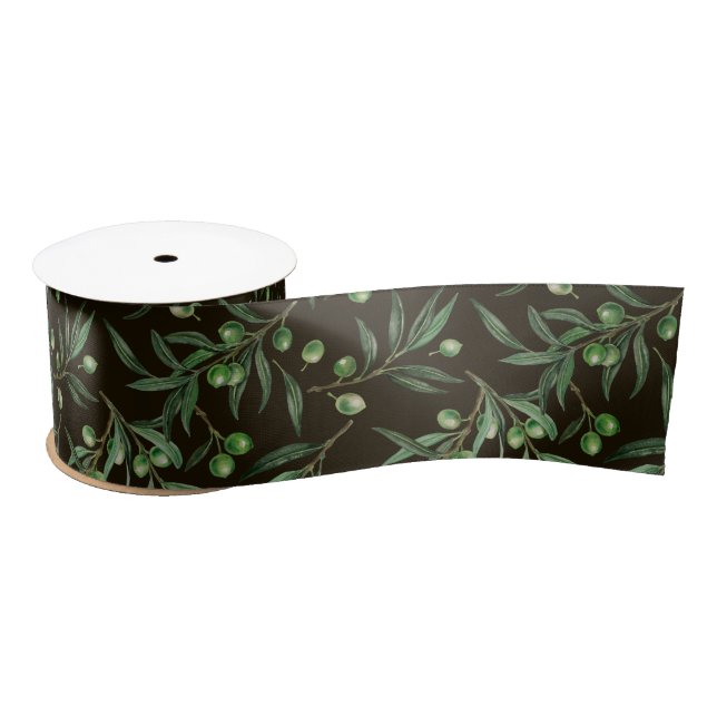 Ruban En Satin Aquarelle des branches d'olive en noir (Bobine)