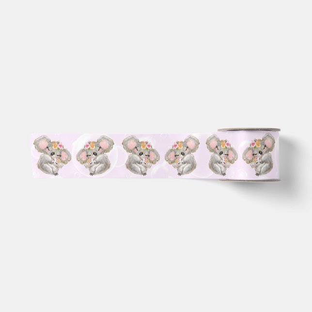 Ruban En Satin Aquarelle douce fille Koala Baby shower rose (Devant)
