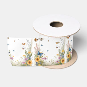 Ruban En Satin Aquarelle Fleur sauvage Gris Et Papillons,
