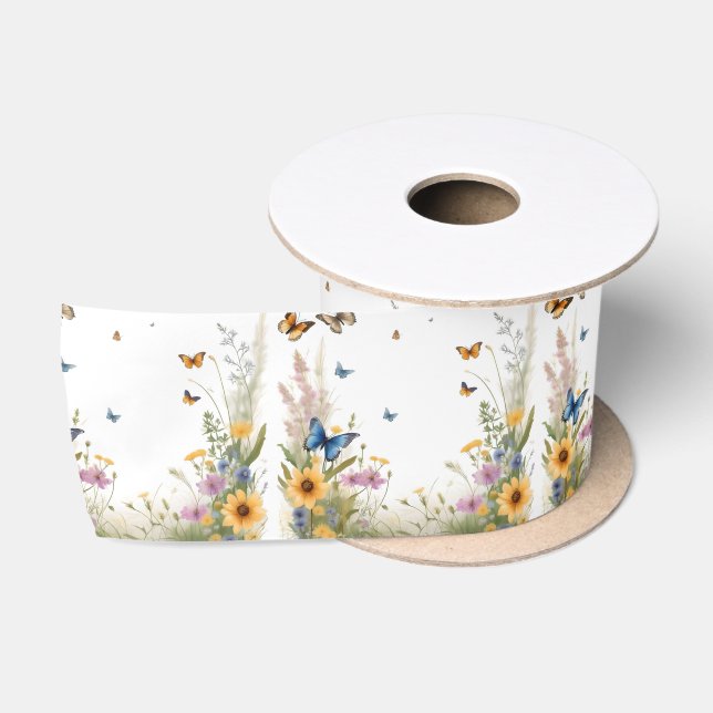 Ruban En Satin Aquarelle Fleur sauvage Gris Et Papillons, (Bobine)