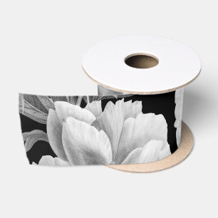 Ruban En Satin Aquarelle florale Black & White Peonies