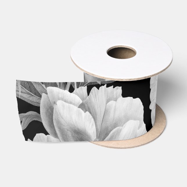 Ruban En Satin Aquarelle florale Black & White Peonies (Bobine)