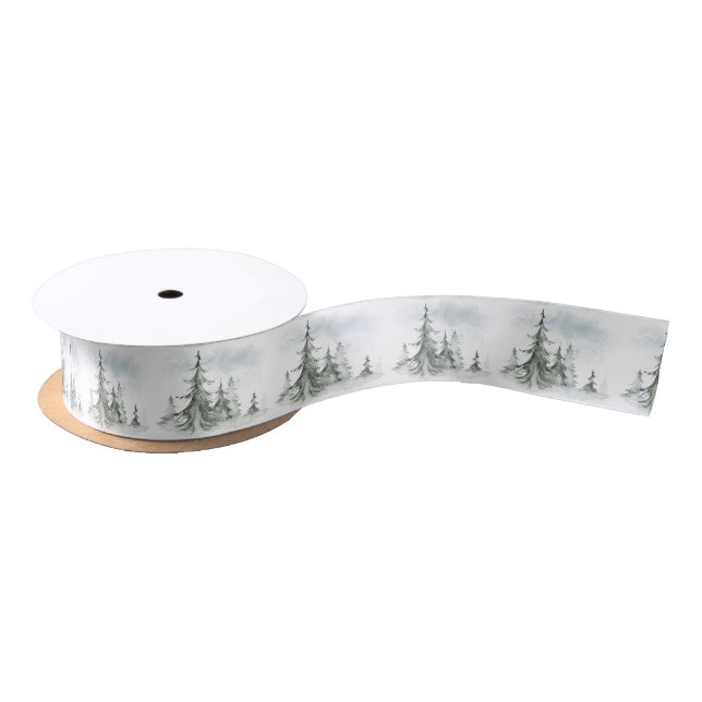 Ruban En Satin Aquarelle Forêt de sapins rustiques hiver (Bobine)