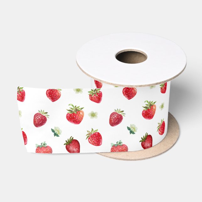 Ruban En Satin Aquarelle Fruits fraises et fleurs fraises (Bobine)
