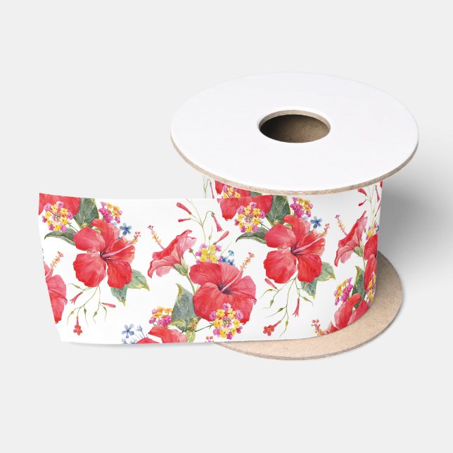 Ruban En Satin Aquarelle Hibiscus et Lantana Motif tropical (Bobine)