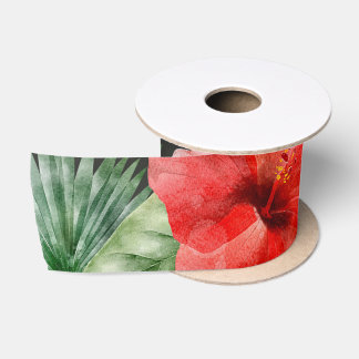 Ruban En Satin Aquarelle Hibiscus rouge et rose Feuilles tropicau