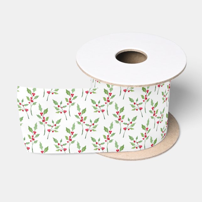 Ruban En Satin Aquarelle Holly Motif 2 (Bobine)