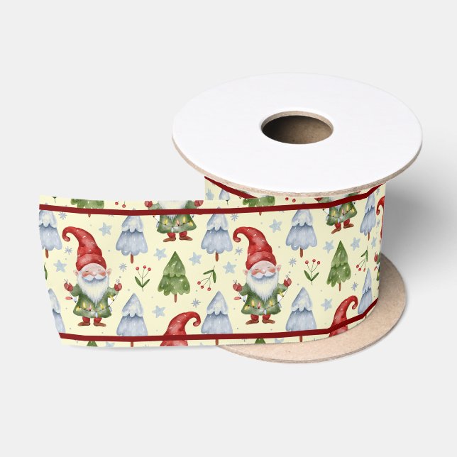 Ruban En Satin Aquarelle jaune Gnome Noël Enveloppement cadeau (Bobine)