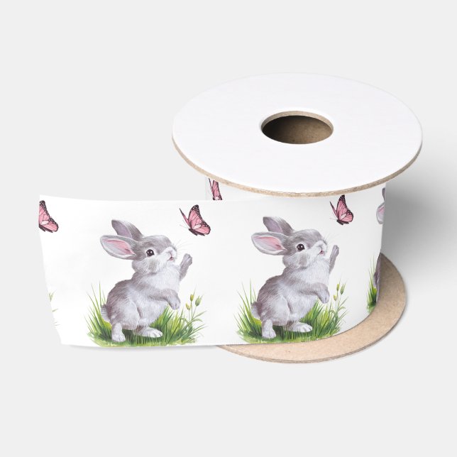 Ruban En Satin Aquarelle lapin et papillon rose (Bobine)