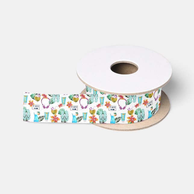 Ruban En Satin Aquarelle moderne Motif de plage Tropical (Bobine)