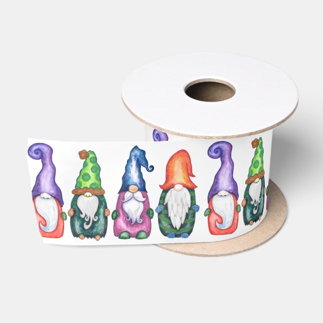 Ruban En Satin Aquarelle Noël Gnomes (Bobine)