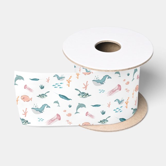 Ruban En Satin Aquarelle Océan Motif d'animaux marins (Bobine)