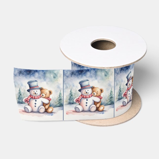 Ruban En Satin Aquarelle Ours En Teddy Et Snowman (Bobine)