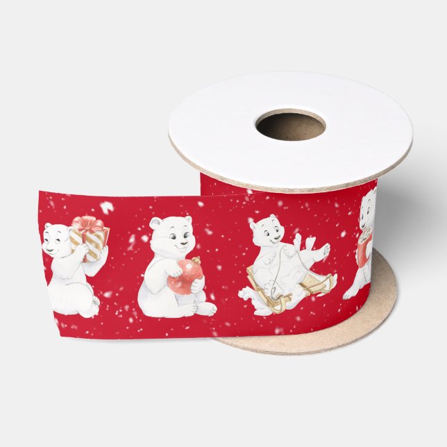 Ruban En Satin Aquarelle Ours Polaires Dans Les Snowflakes (Bobine)