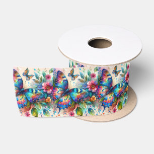 Ruban En Satin Aquarelle Papillon Floral Bleu Fleurs roses