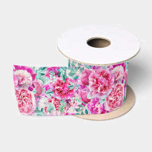 Ruban En Satin Aquarelle Pignons roses luxuriants et Feuilles Tur