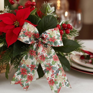 Ruban En Satin Aquarelle poinsettia et saint motif Noël