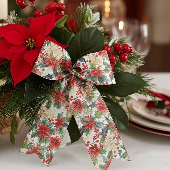 Ruban En Satin Aquarelle poinsettia et saint motif Noël (Créateur téléchargé)