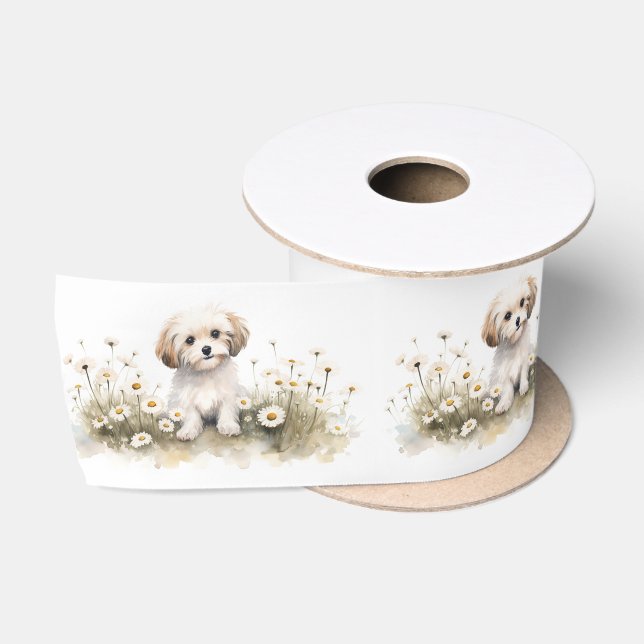 Ruban En Satin Aquarelle Poodle dans les marais (Bobine)