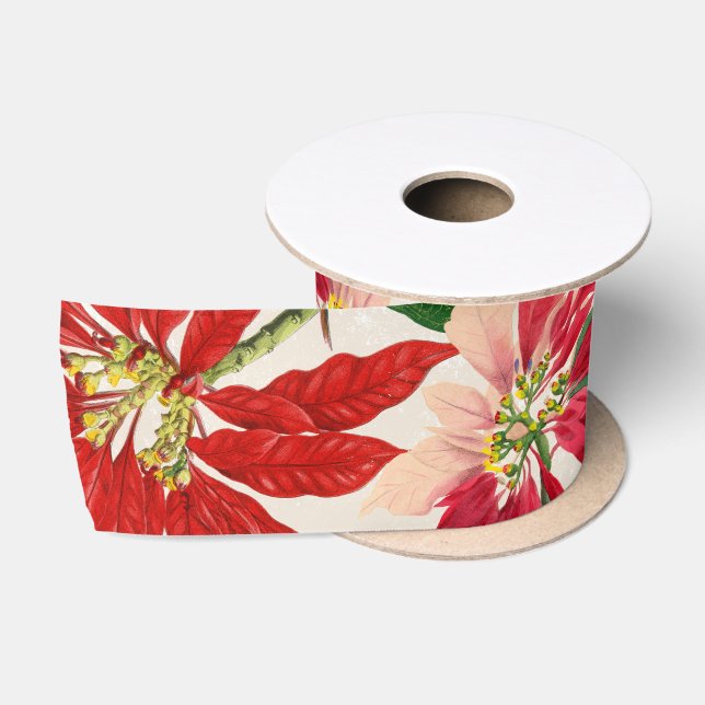 Ruban En Satin Aquarelle rouge rustique Poinsettia Flore Verdure (Bobine)