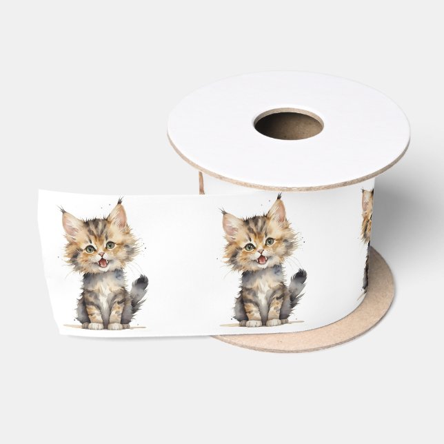 Ruban En Satin Aquarelle Tablette Kitten Sur Blanc (Bobine)