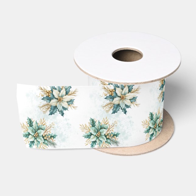 Ruban En Satin Aquarelle Turquoise Floral Noël Satin ruban (Bobine)