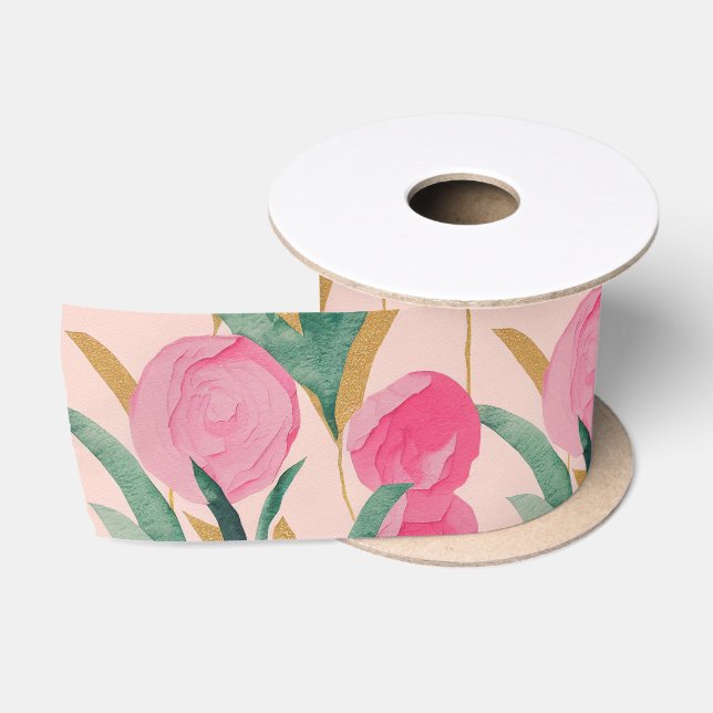 Ruban En Satin Aquarelle Vibrant Peint rose Fleurs de printemps (Bobine)