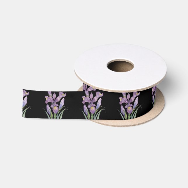 Ruban En Satin Aquarelle violet Iris Botanique Floral Noir (Bobine)