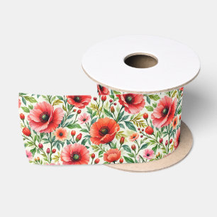 Ruban En Satin Aquarelles Pavots et Verdure de Jardin