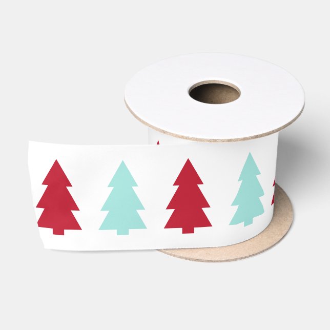 Ruban En Satin Arbre de Noël moderne, Aqua et Rouge (Bobine)